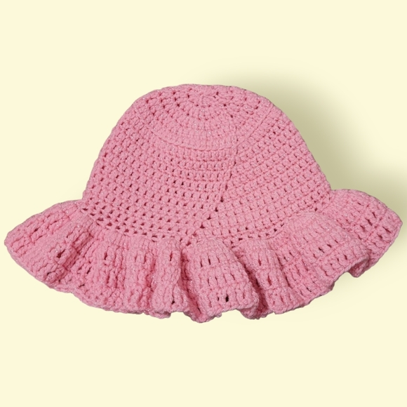 Handmade Pink Sparkly Relaxed Ruffle Crochet Sun Hat Bucket Hat - Picture 3 of 4